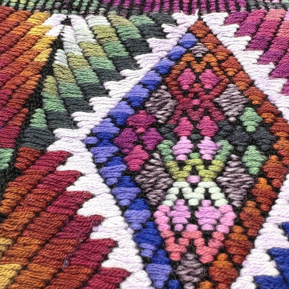 Woven Textile Geometric Wristlet Clutch Bag Zippered Huipil Style Leather Trim - Picture 3 of 9